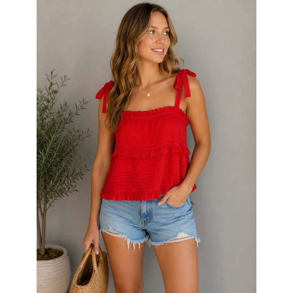 Gilli Tie Strap Ruffle Tank Red Babydoll Boho Coquette Summer NWT Large
